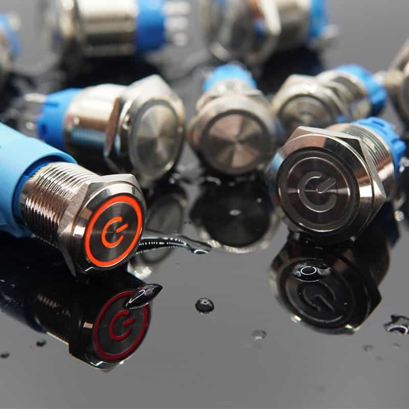 Illuminated Metal Push-Button Power Switch — LED Ring · IP65 · 16/19/22 mm