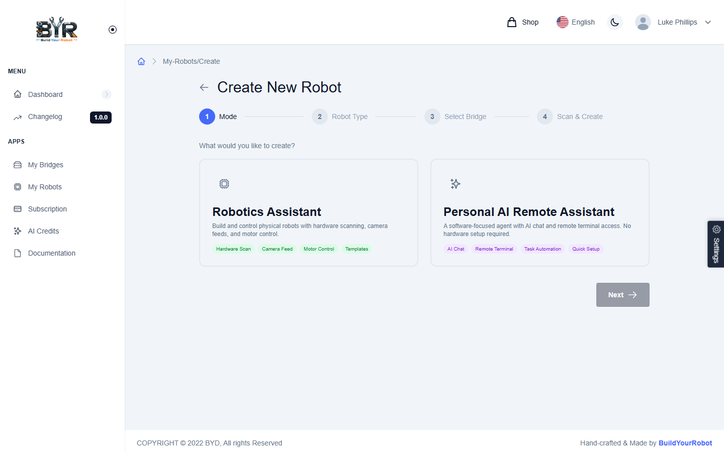 Create robot — step 1, mode picker