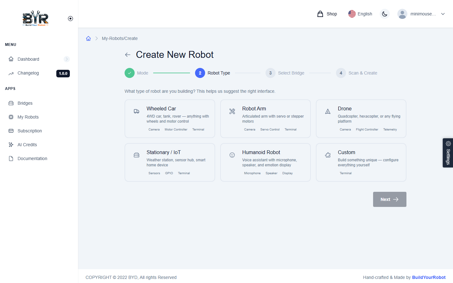 Create robot — step 2, type picker