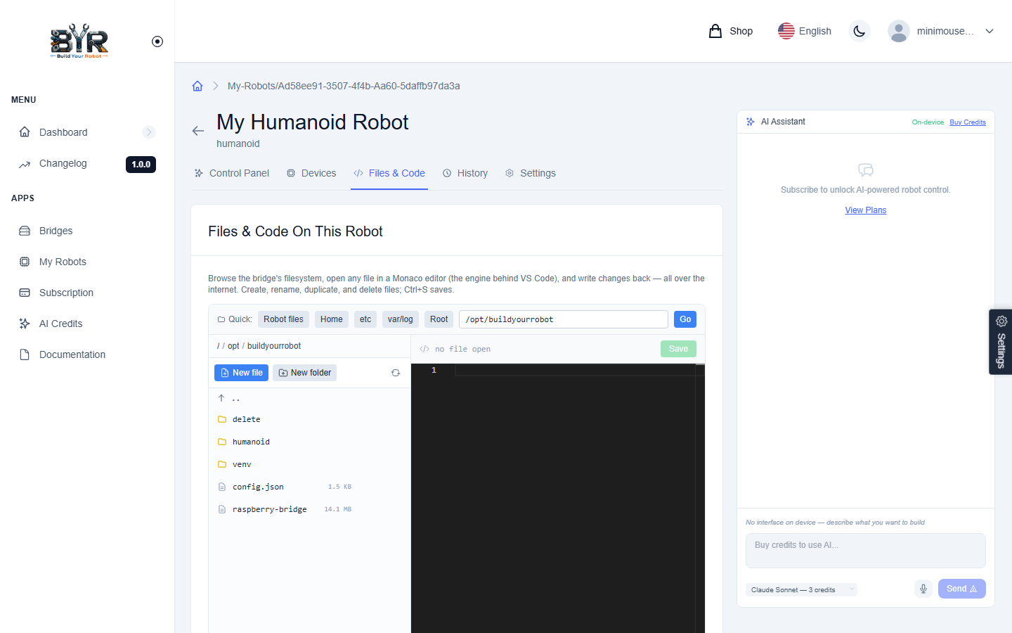 Files tab on the robot detail page