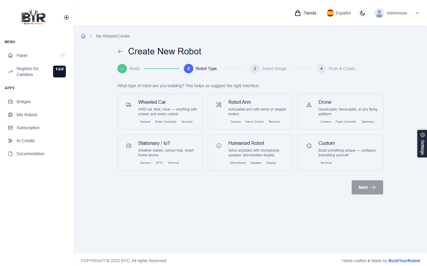 Crear robot — paso 2, selector de tipo